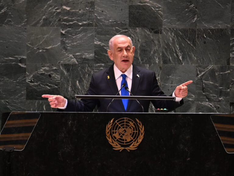 Netanyahu speaking at the UN General Assembly, September 2024. (Avi Ohayon/GPO)